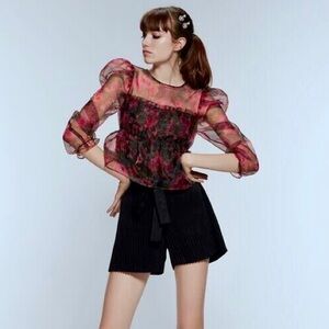 Zara Mini Shorts Faux Suede Pleated Bow Tie Belt High-Waisted Black XS